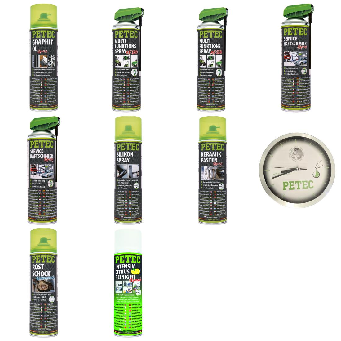 PETEC Werkstatt-Aktion � 9 Spraydosen inkl. PETEC Uhr