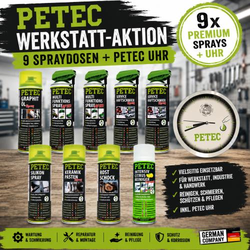 PETEC Werkstatt-Aktion � 9 Spraydosen inkl. PETEC Uhr