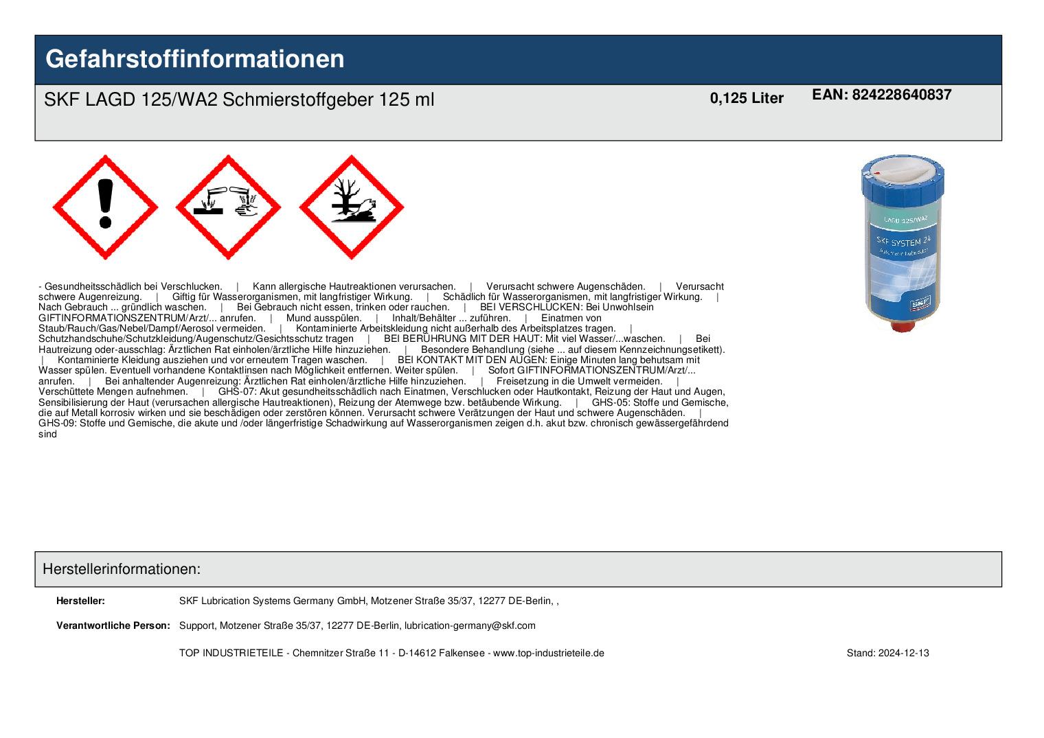 SKF LAGD 125/WA2 Schmierstoffgeber 125 ml