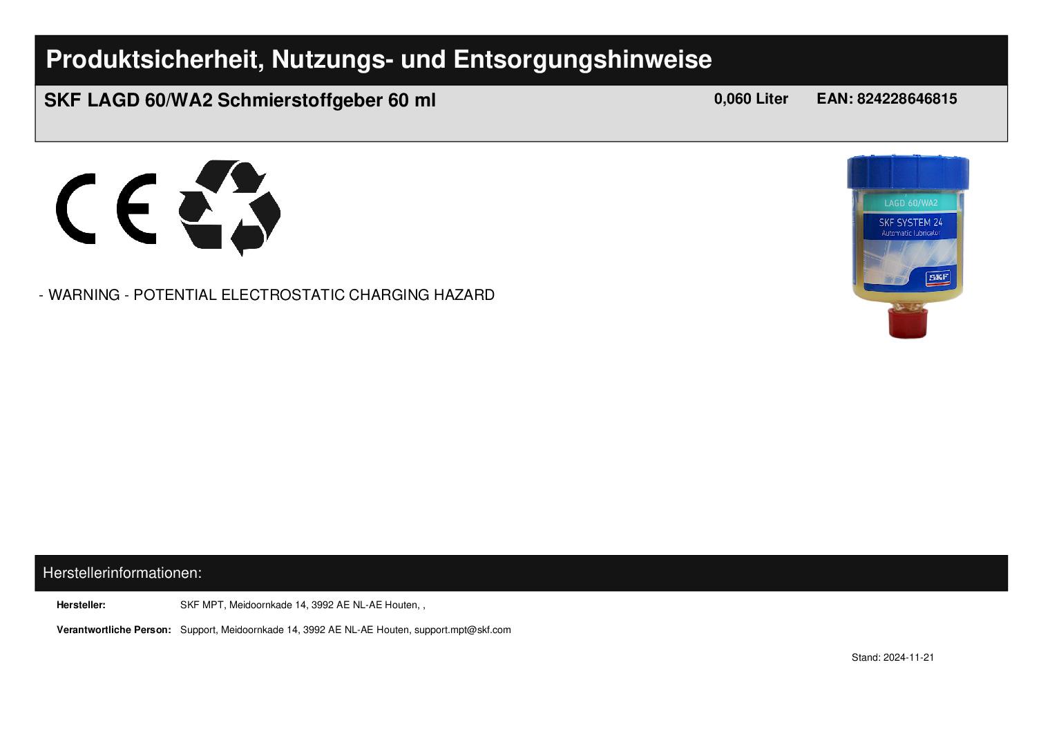 SKF LAGD 60/WA2 Schmierstoffgeber 60 ml