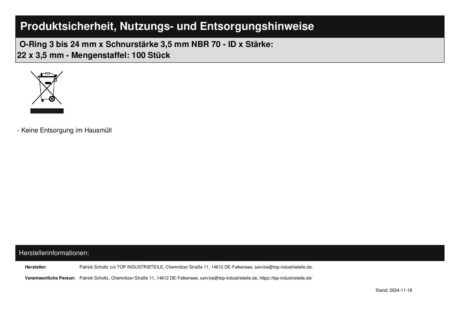 O-Ring 3 bis 24 mm x Schnurst�rke 3,5 mm NBR 70 - ID x St�rke: 22 x 3,5 mm - Mengenstaffel: 100 St�ck